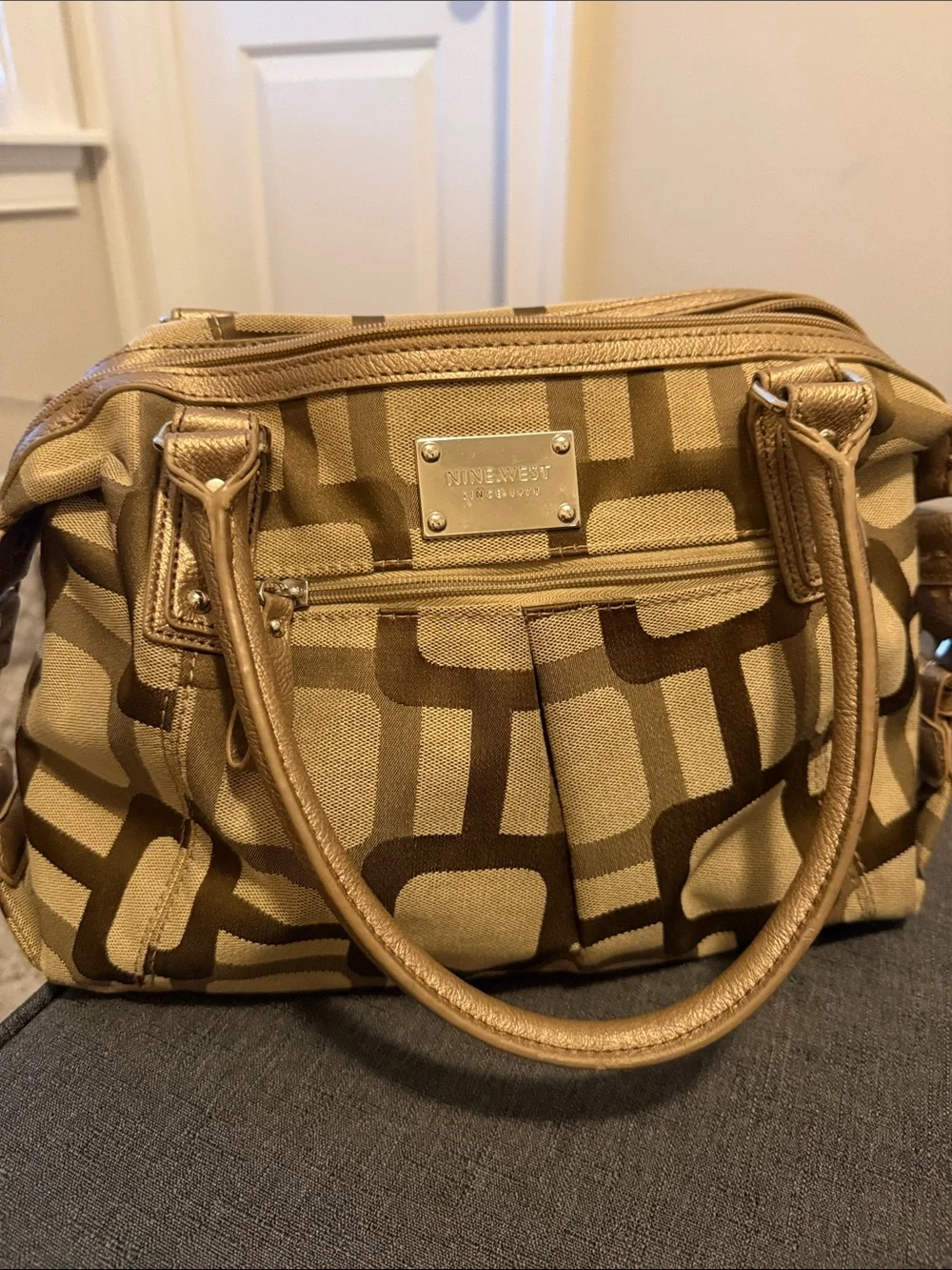 Nine West Beige and Brown Geometric Satchel